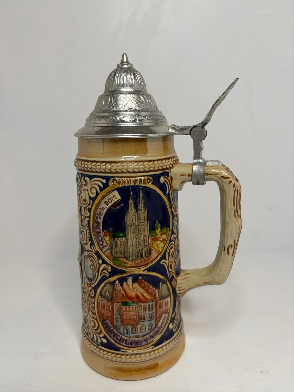 Gerz West Germany Lidded Beer Stein 0.5L German Cities Cobalt Blue Relief